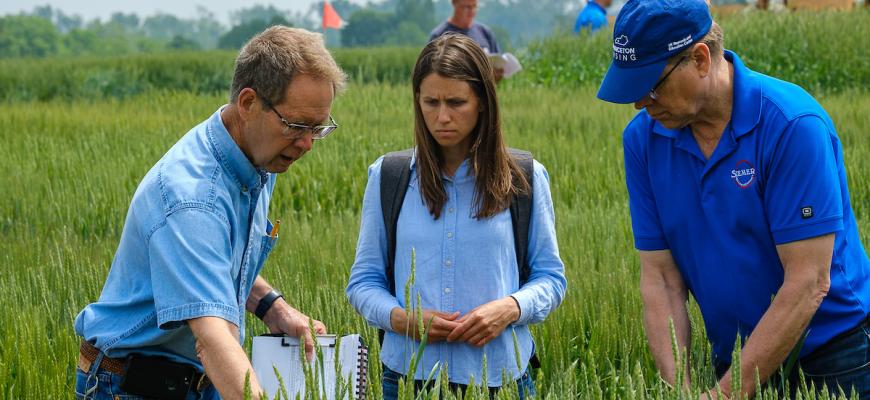 Dave Van Sanford (left) speaks with Lauren Brzozowski and Carl Schwinke of Siemer Milling at the 2023 Wheat Science Field Day, which was held at the UK Research and Education Center in Princeton, Kentucky. The field day allows research experts, growers an